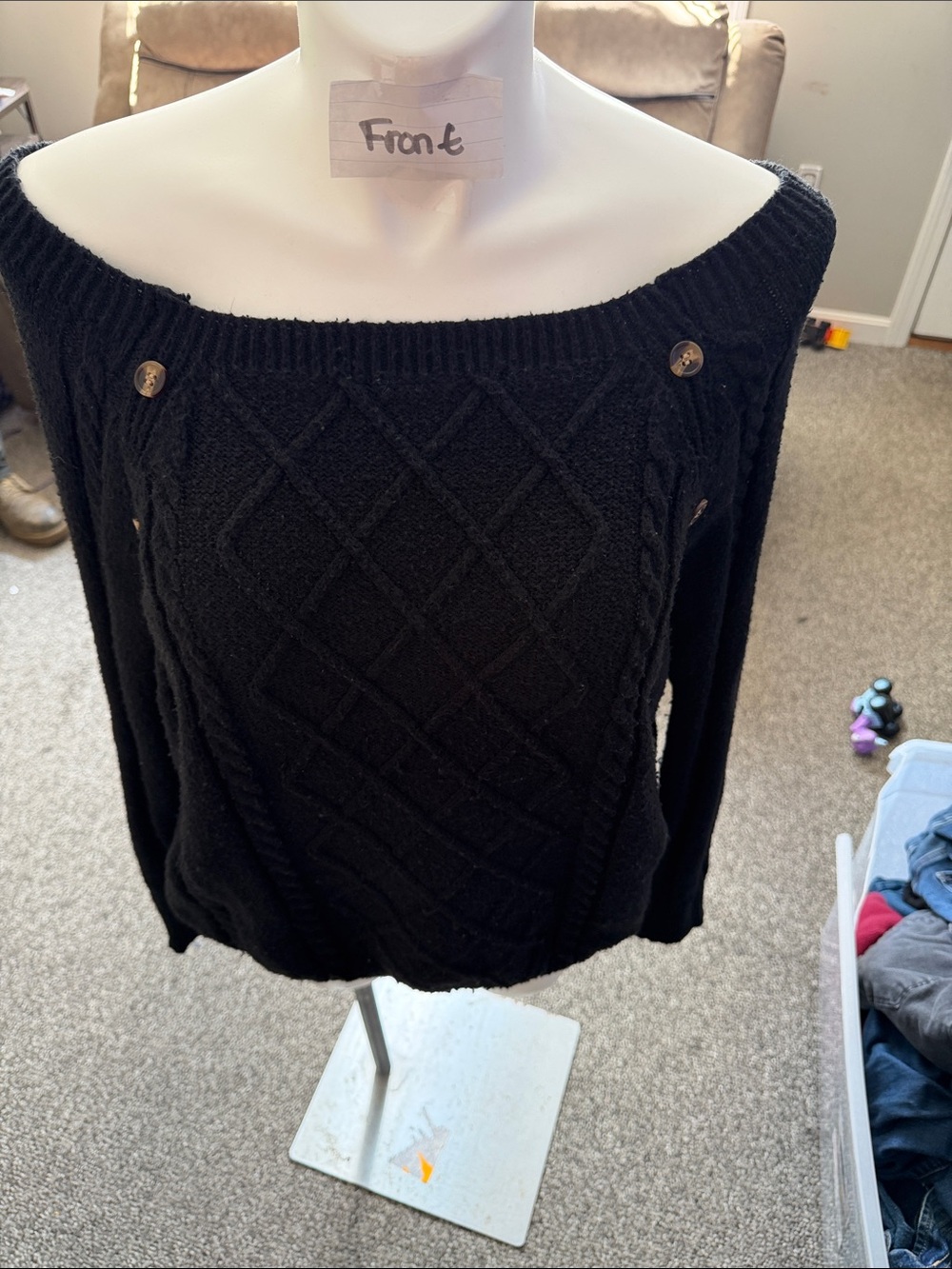 Women’s Black Off-the-Shoulder Cable Knit Sweater with Button Detail